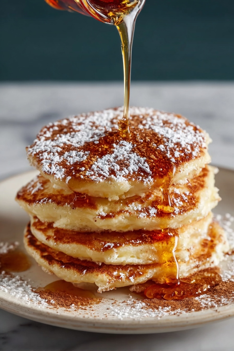 A stack of pancakes with syrup drizzled on top.