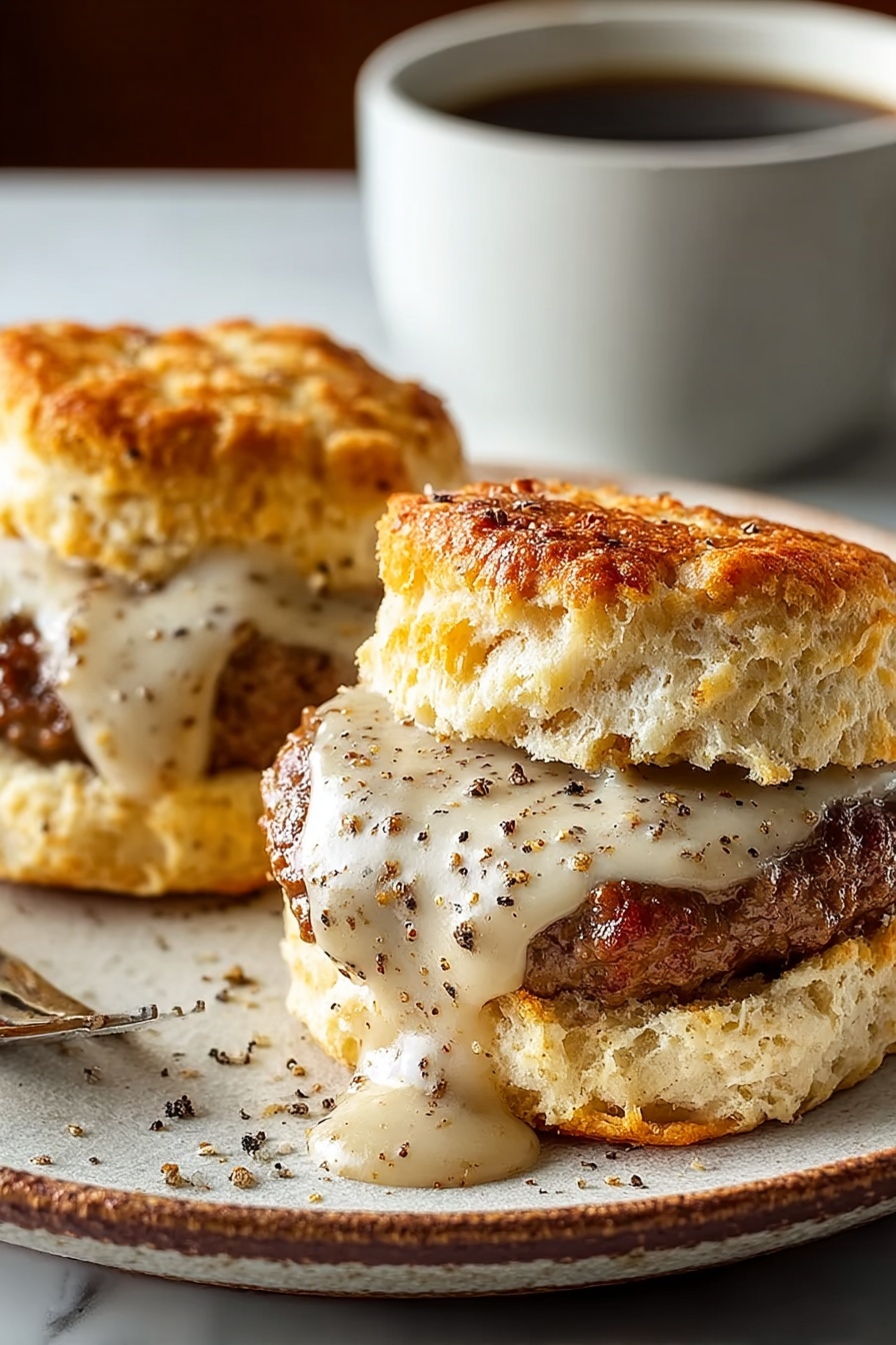 Two biscuits with sausage gravy on top.