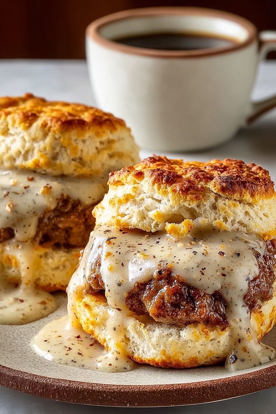 Two biscuits with gravy on top.