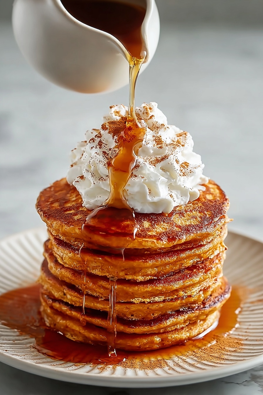 Pumpkin spice pancakes with whipped cream.