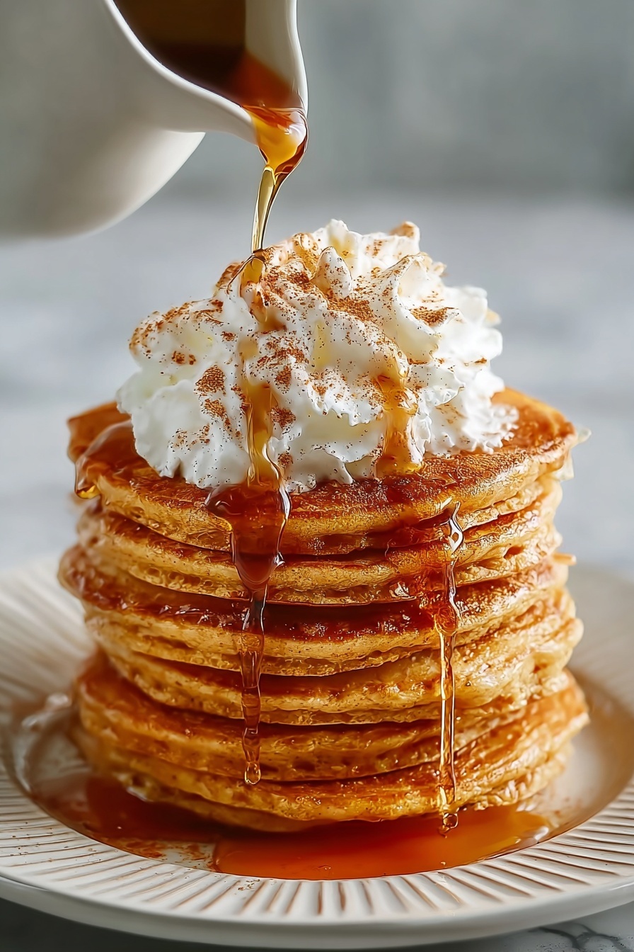 Pumpkin spice pancakes with whipped cream.