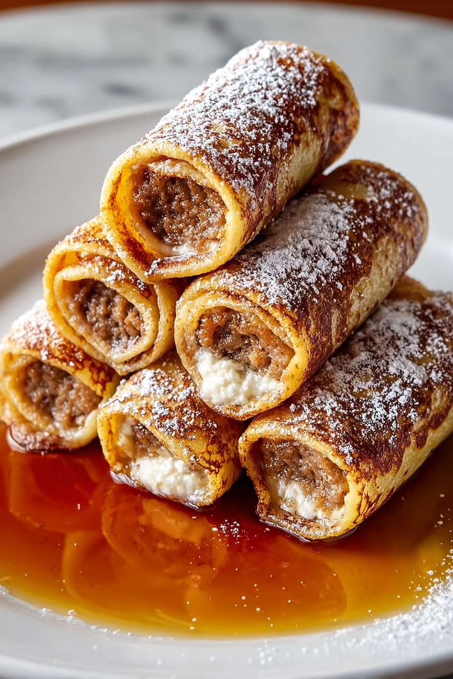 Sausage French toast roll ups on a plate.