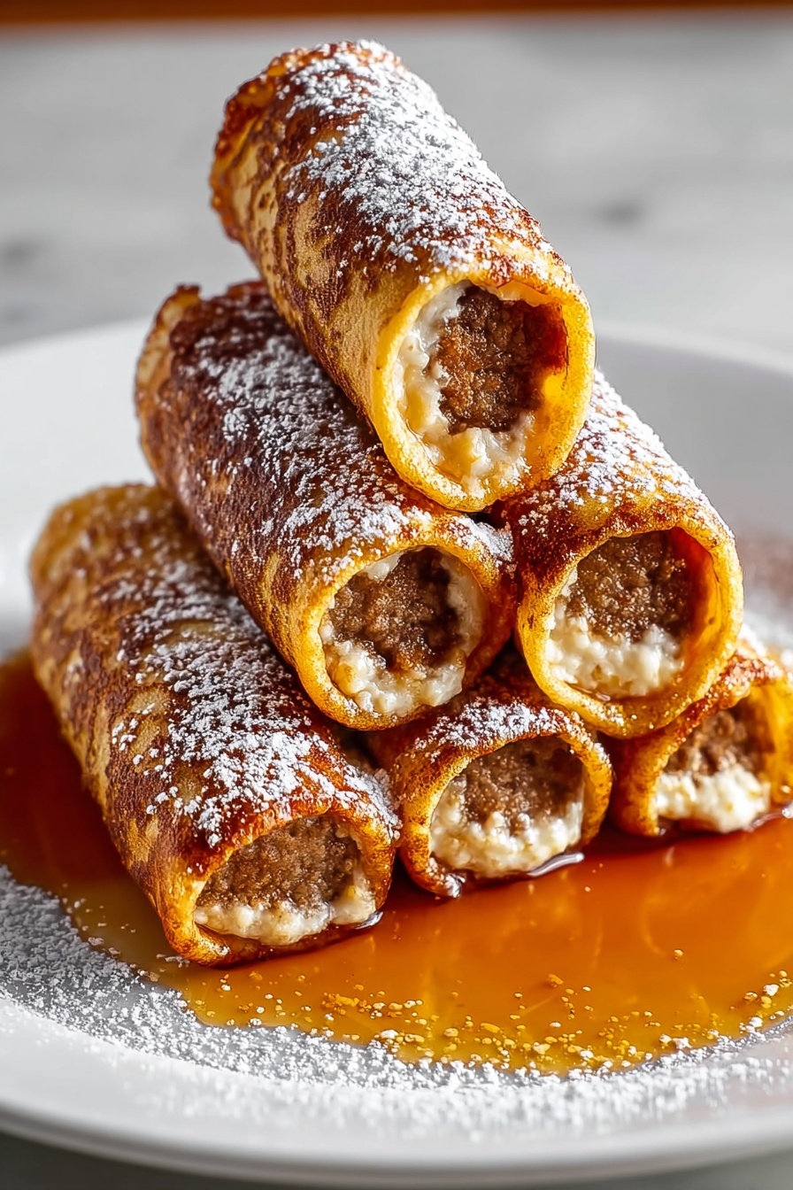 Sausage French toast roll-ups on a plate.