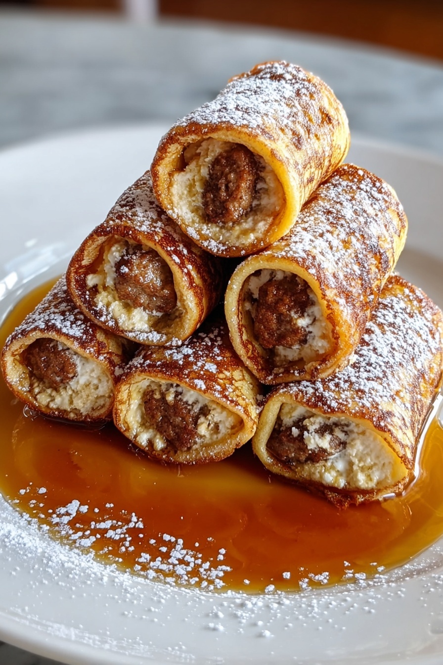 Sausage French Toast Roll-Ups stacked on a plate.