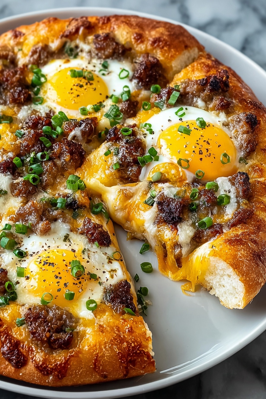 A pizza with eggs and bacon on top.