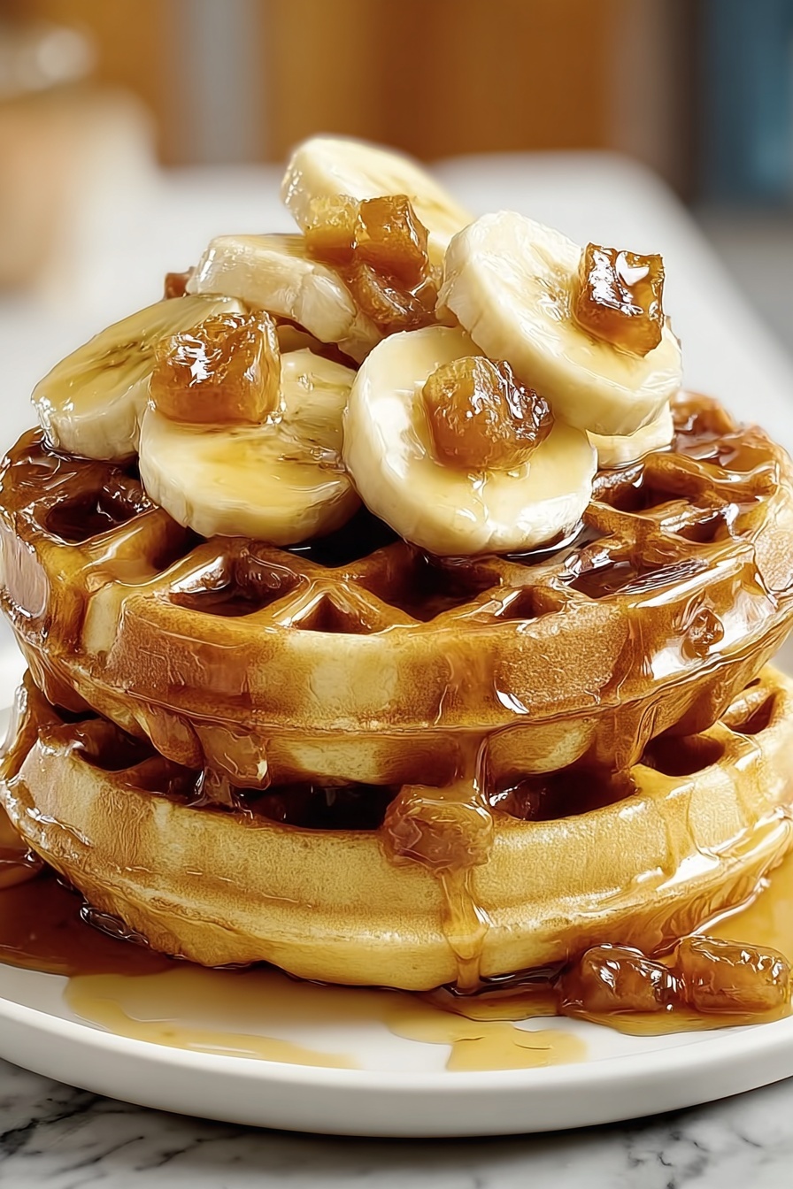 Banana waffles with caramel topping.