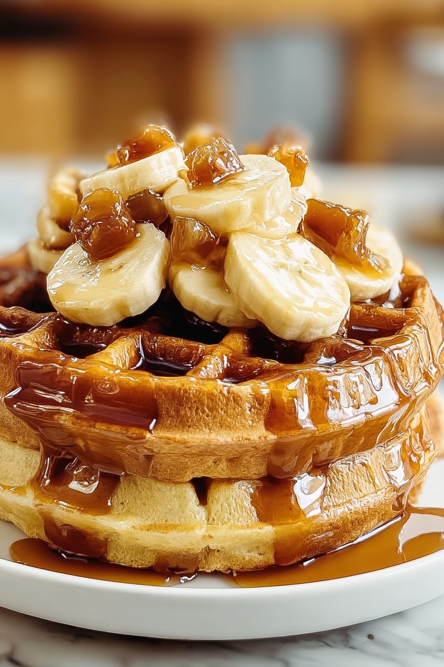A stack of banana waffles with caramel topping.