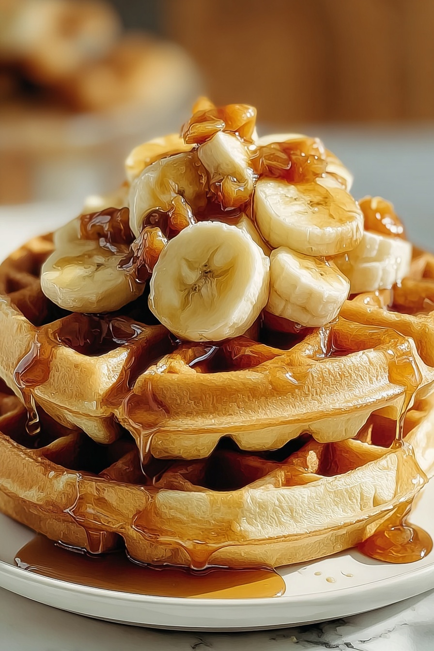 Banana waffles with caramel topping.
