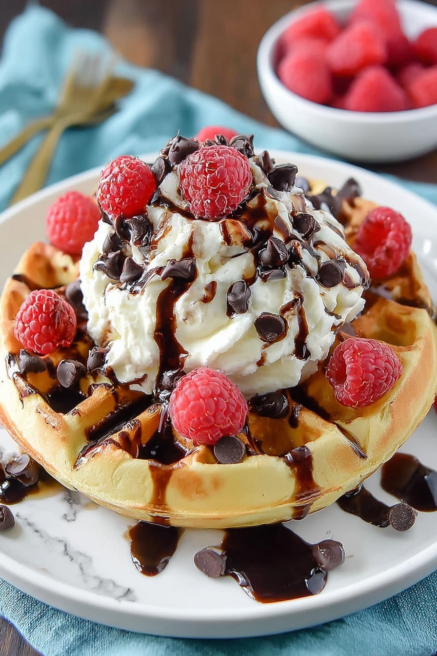 A plate of waffles with chocolate chips and raspberries on top.