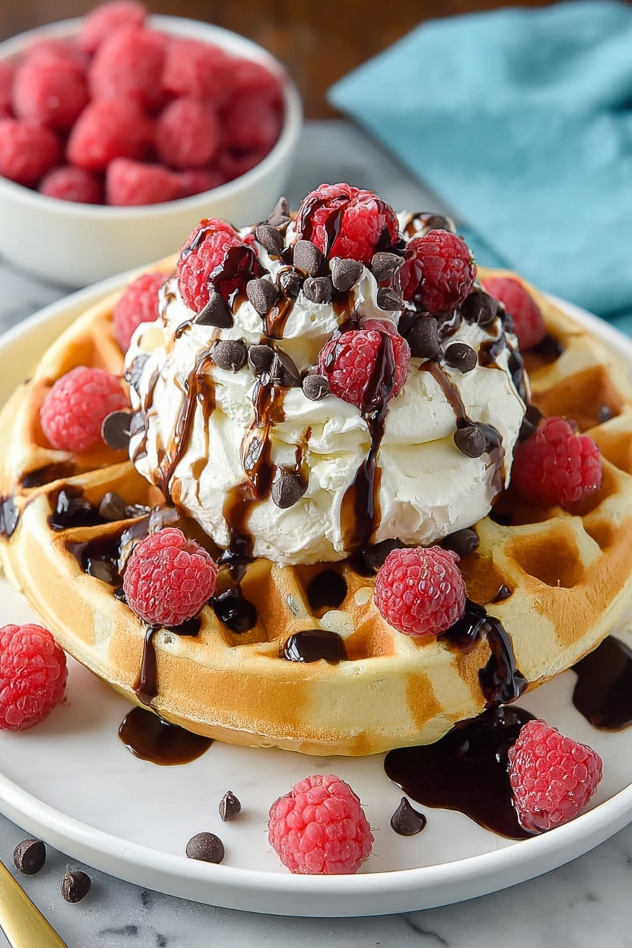 A plate of waffles with chocolate chips and raspberries.