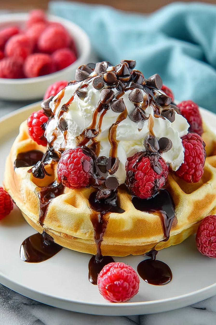 A plate of chocolate chip waffles with chocolate drizzled on top.