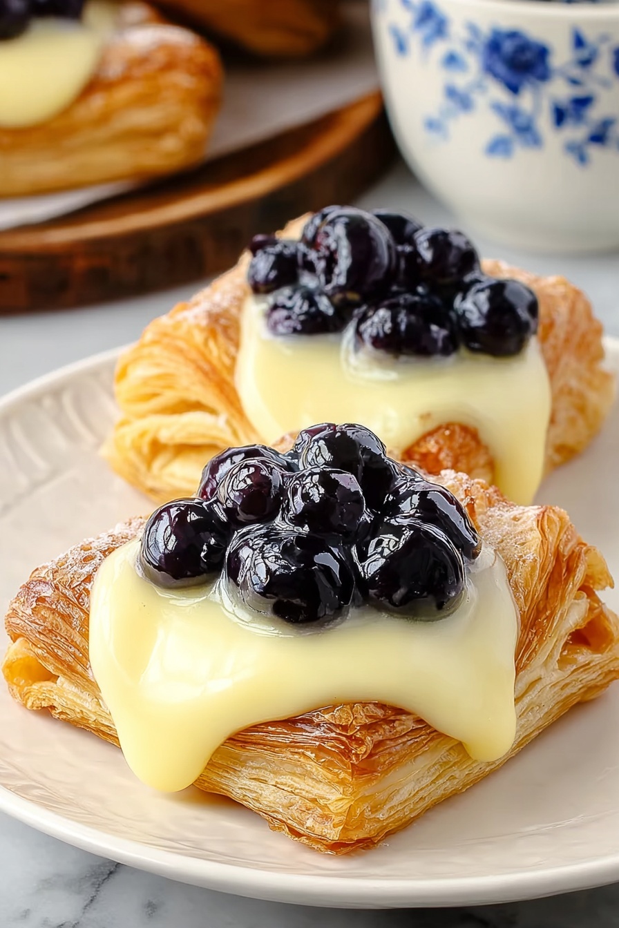 Two blueberry cream cheese danishes on a plate.