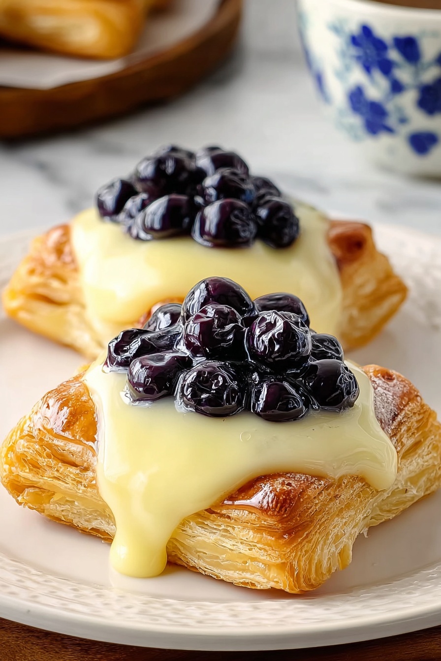 Two blueberry cream cheese danishes on a plate.