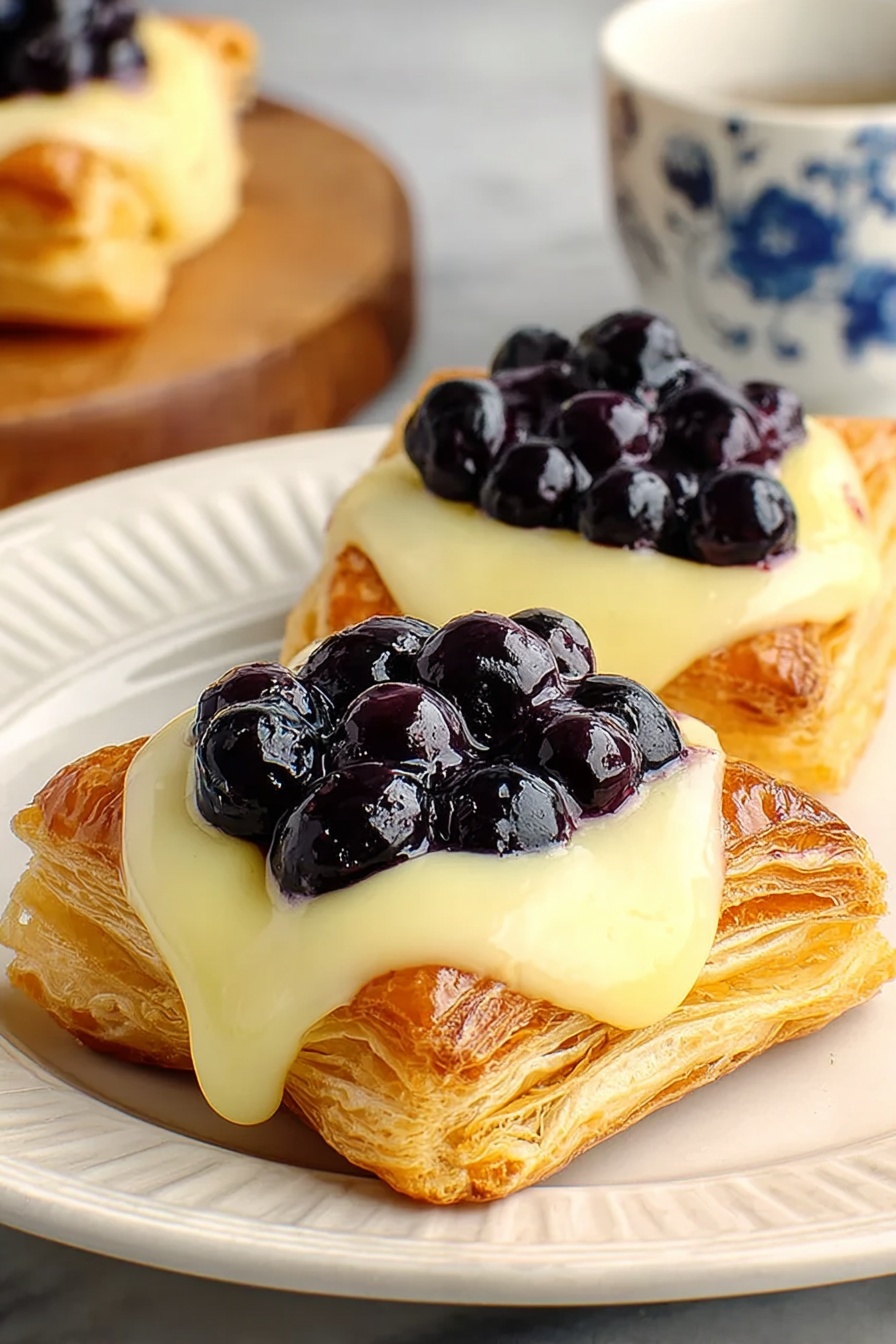 Two blueberry cream cheese danishes on a plate.