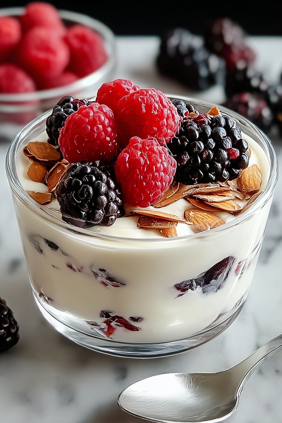 A glass of yogurt with berries on top.
