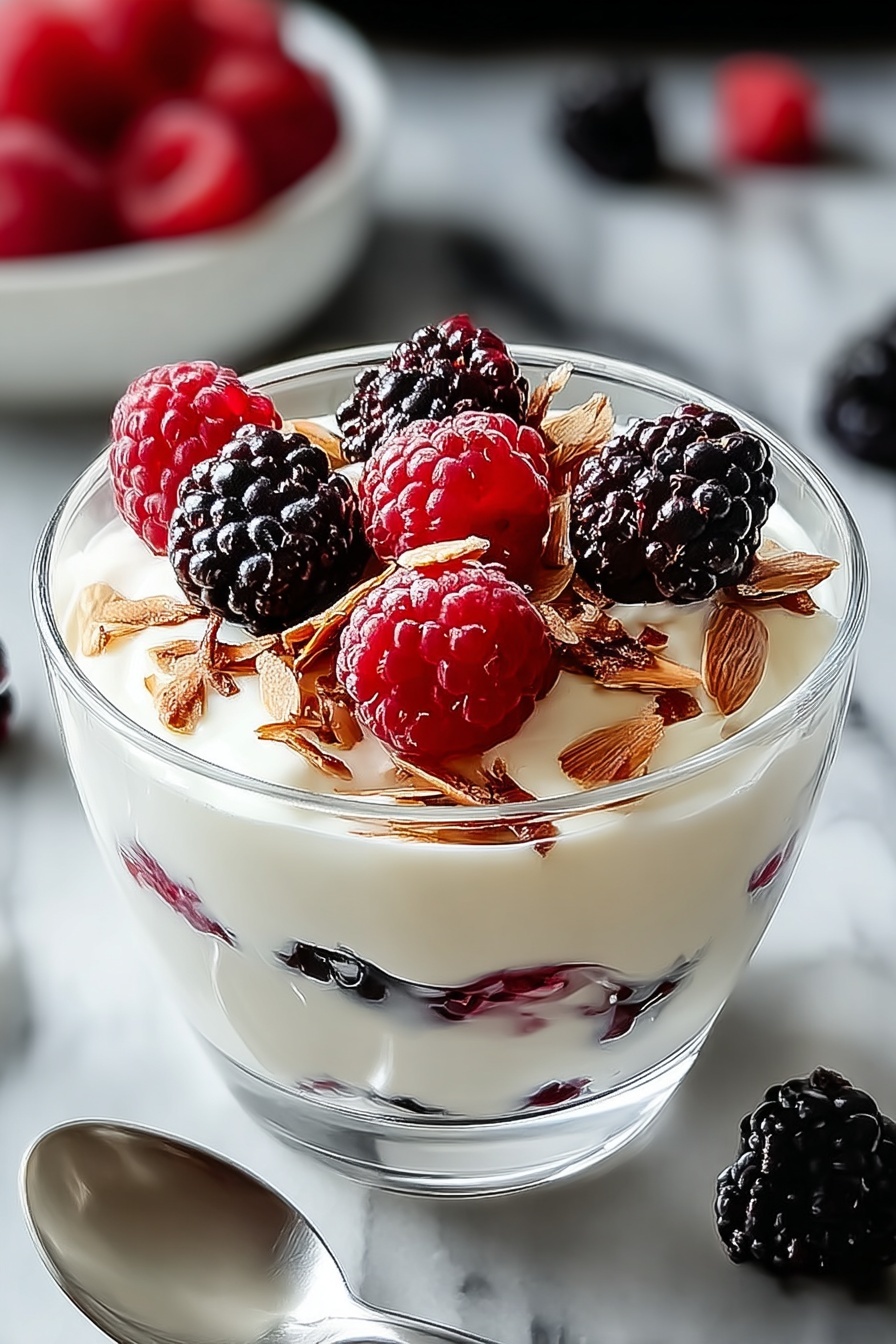 A glass of yogurt with berries on top.