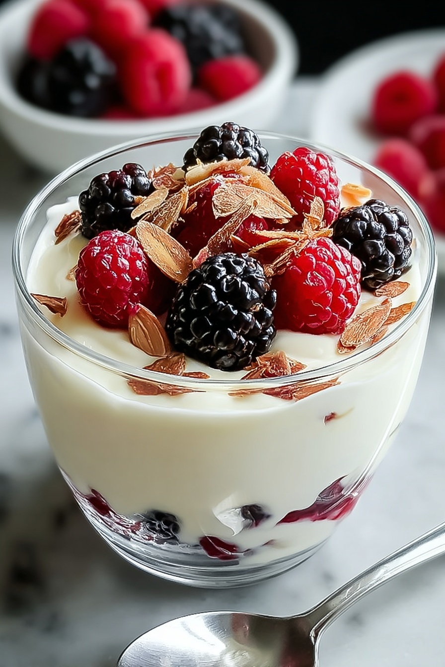 A glass of yogurt with berries in it.