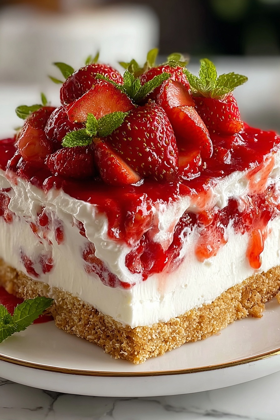 A slice of strawberry cream cheese icebox cake.