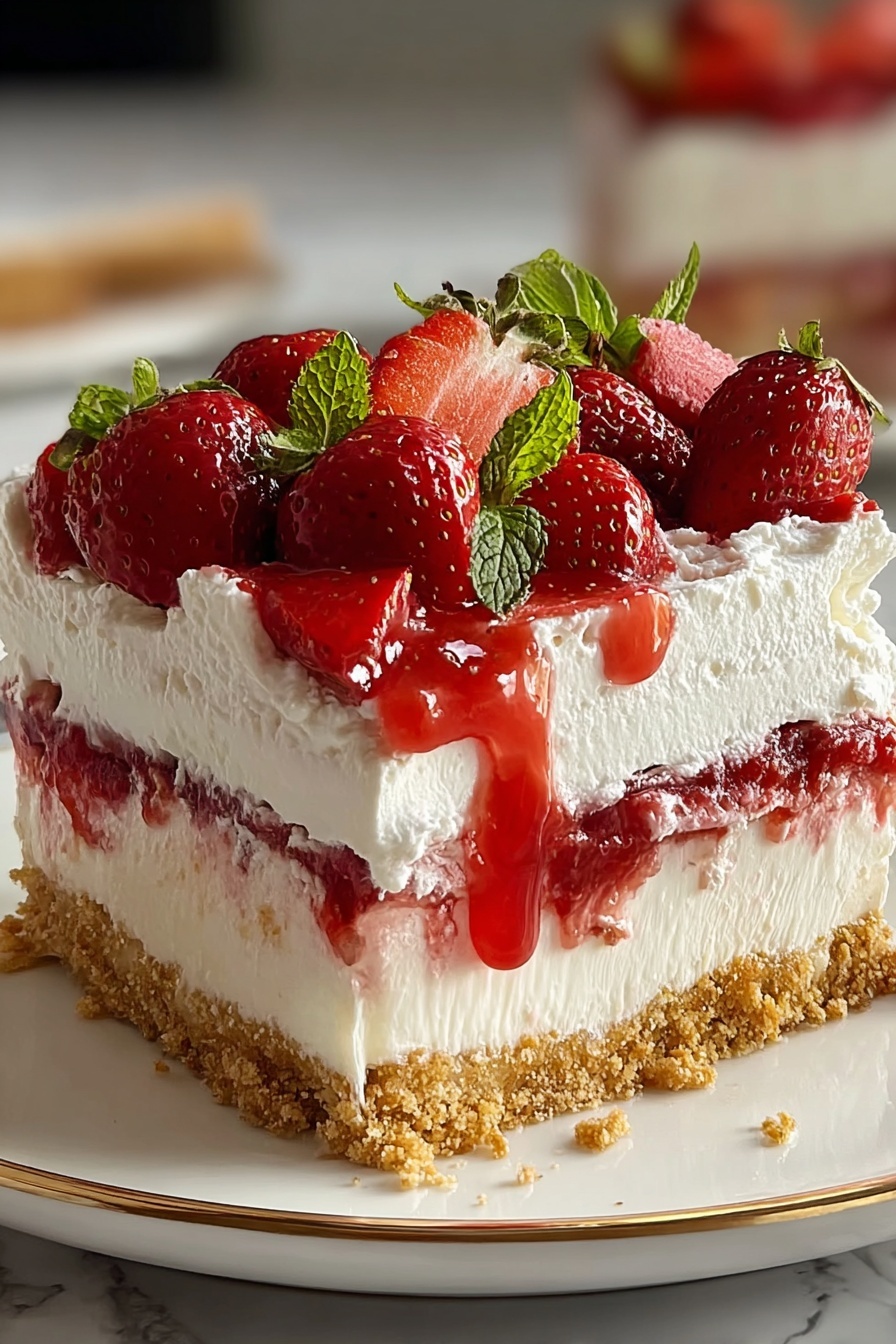A slice of strawberry cream cheese icebox cake.
