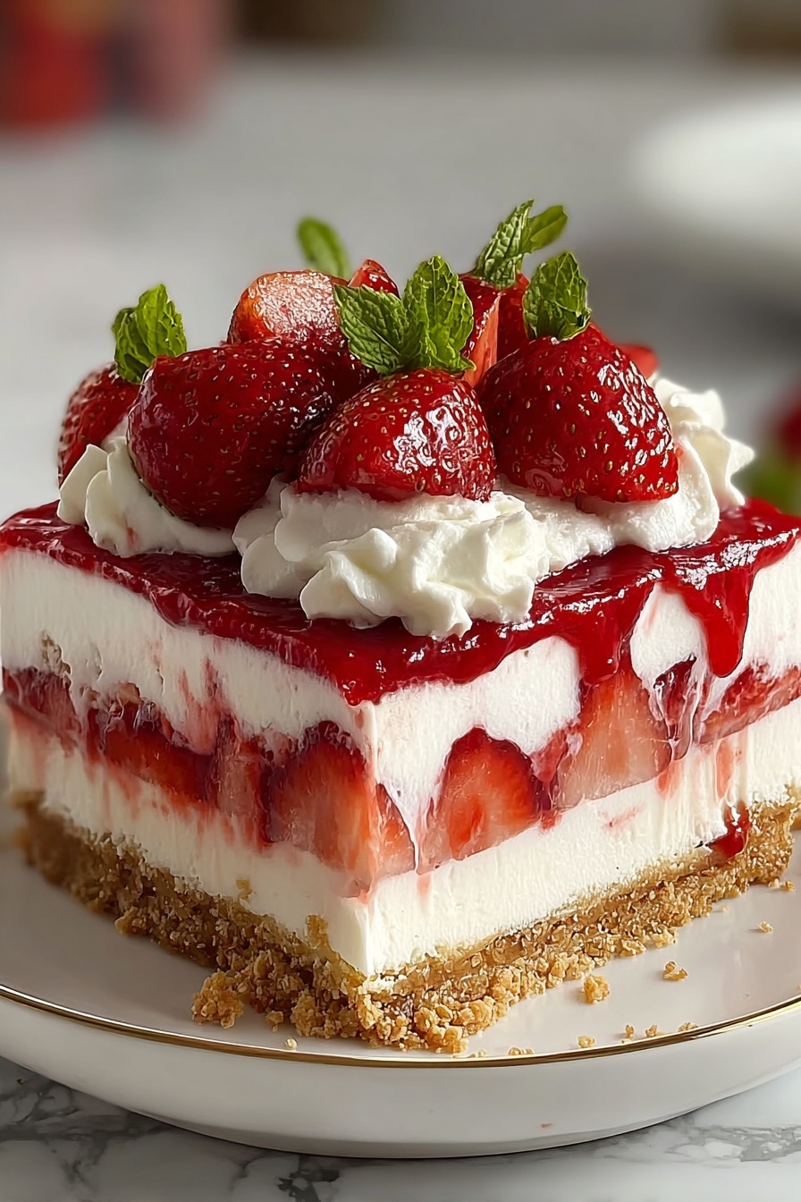 A slice of strawberry cream cheese icebox cake.