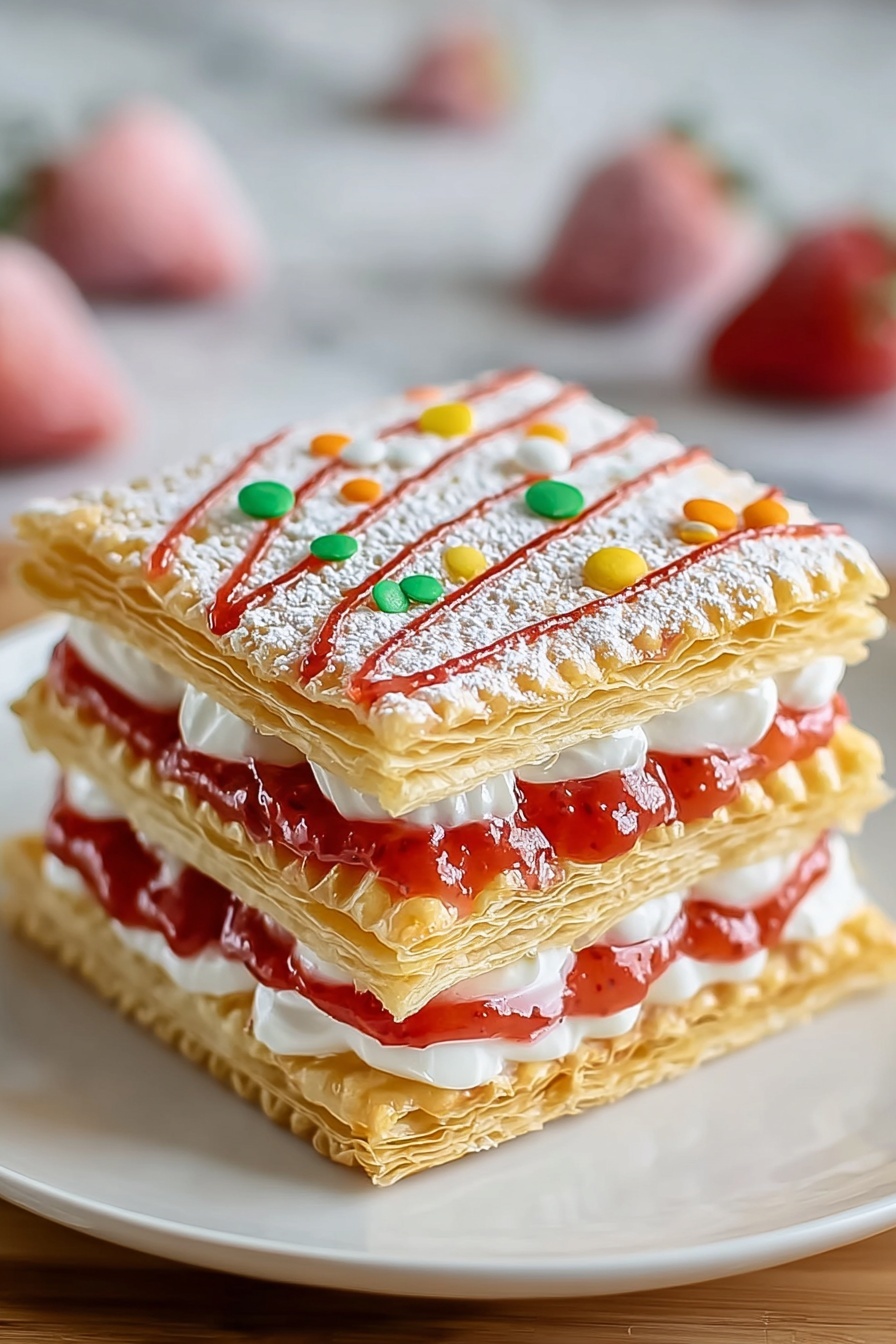 A stack of strawberry frosted pastry tarts.