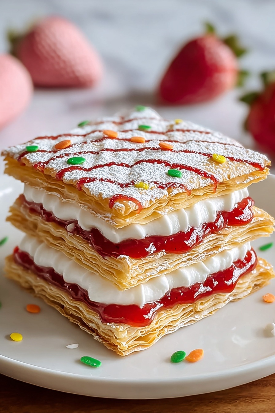 A stack of three pastry tarts with strawberry frosting.