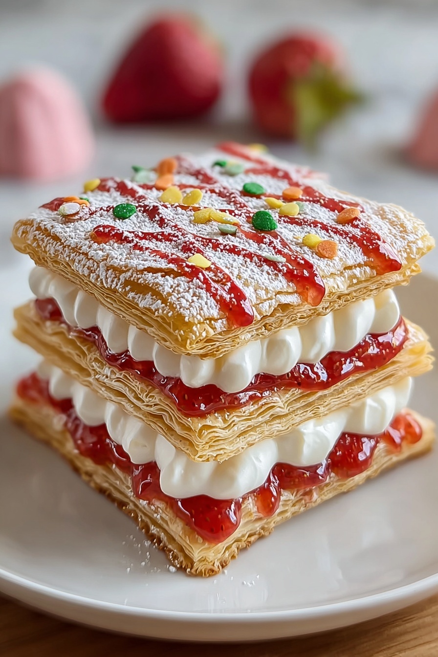 A stack of three strawberry frosted pastry tarts.