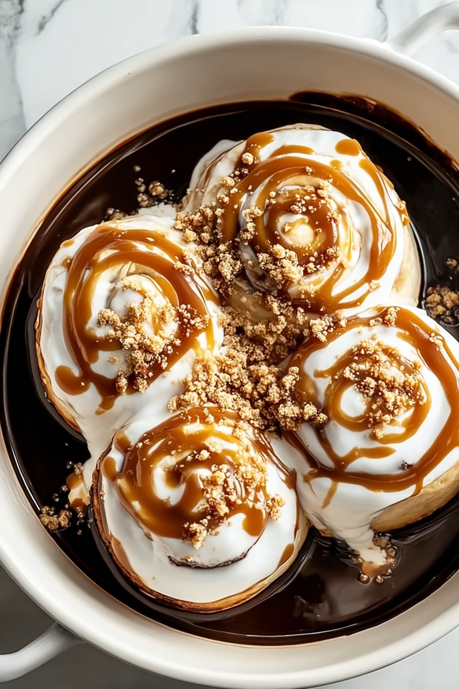 A bowl of dessert with a sauce and powdered sugar.