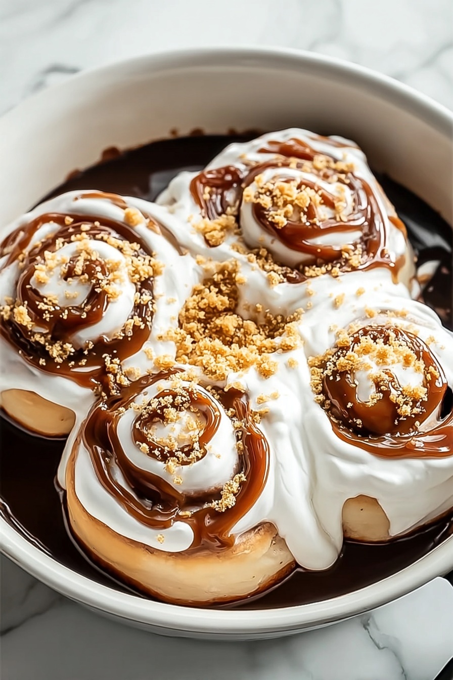 A bowl of food with a white sauce and brown sauce.