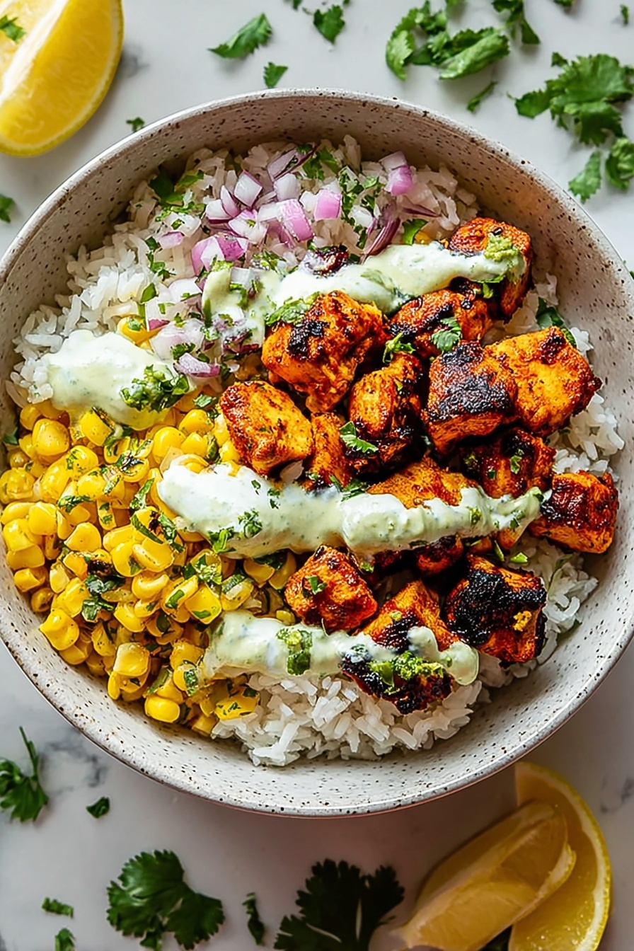 A bowl of rice, chicken, and corn.