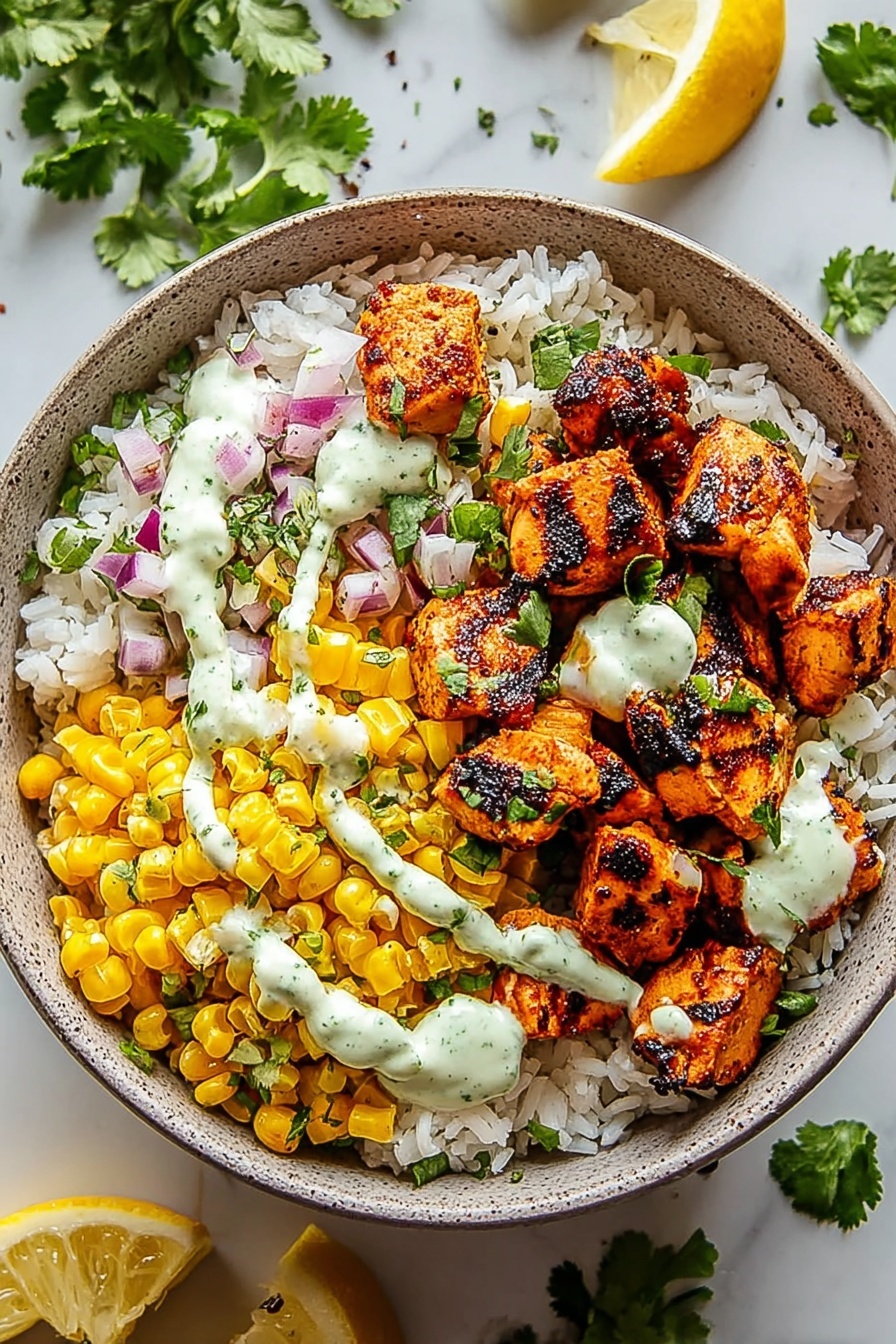 A bowl of rice, chicken, and vegetables.