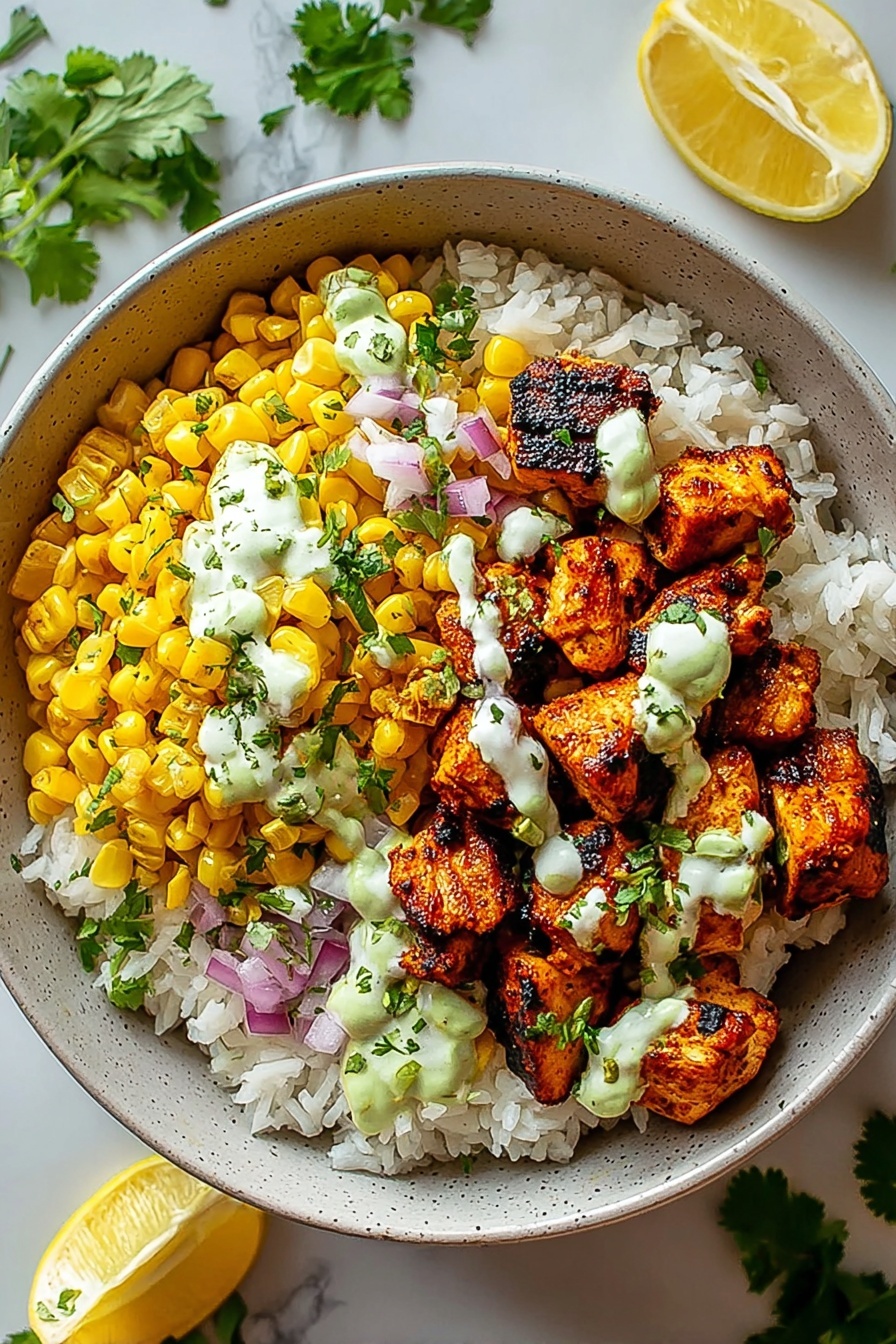 A bowl of street corn chicken rice.