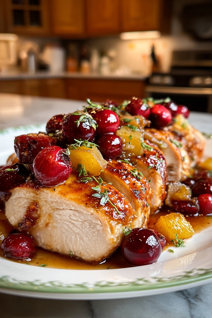 A plate of chicken with cranberries and pineapple.