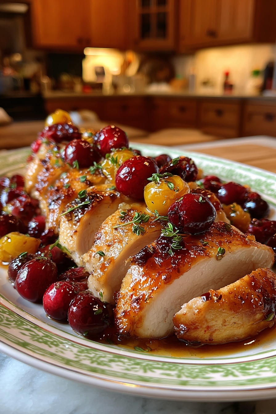 A plate of chicken with cranberries and a sauce.