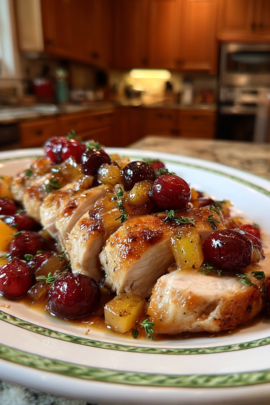 A plate of chicken with cranberries and pineapple.