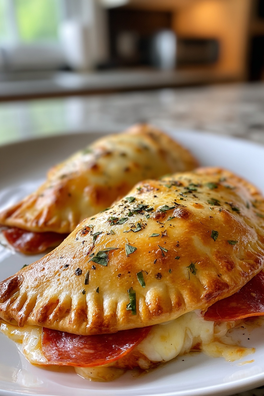 Two cheese and pepperoni stuffed pizzas on a white plate.