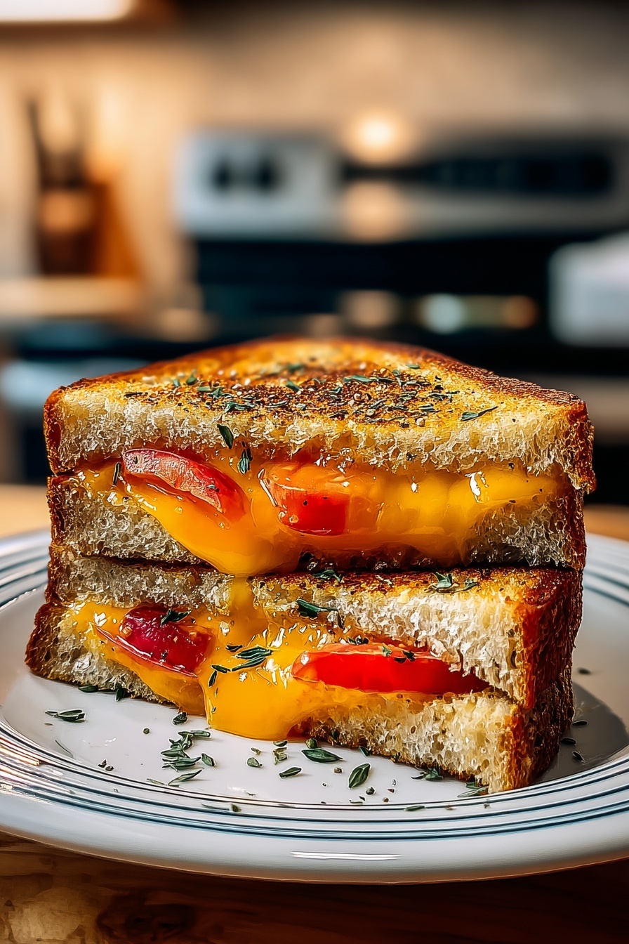 A grilled cheese sandwich with tomatoes and herbs.