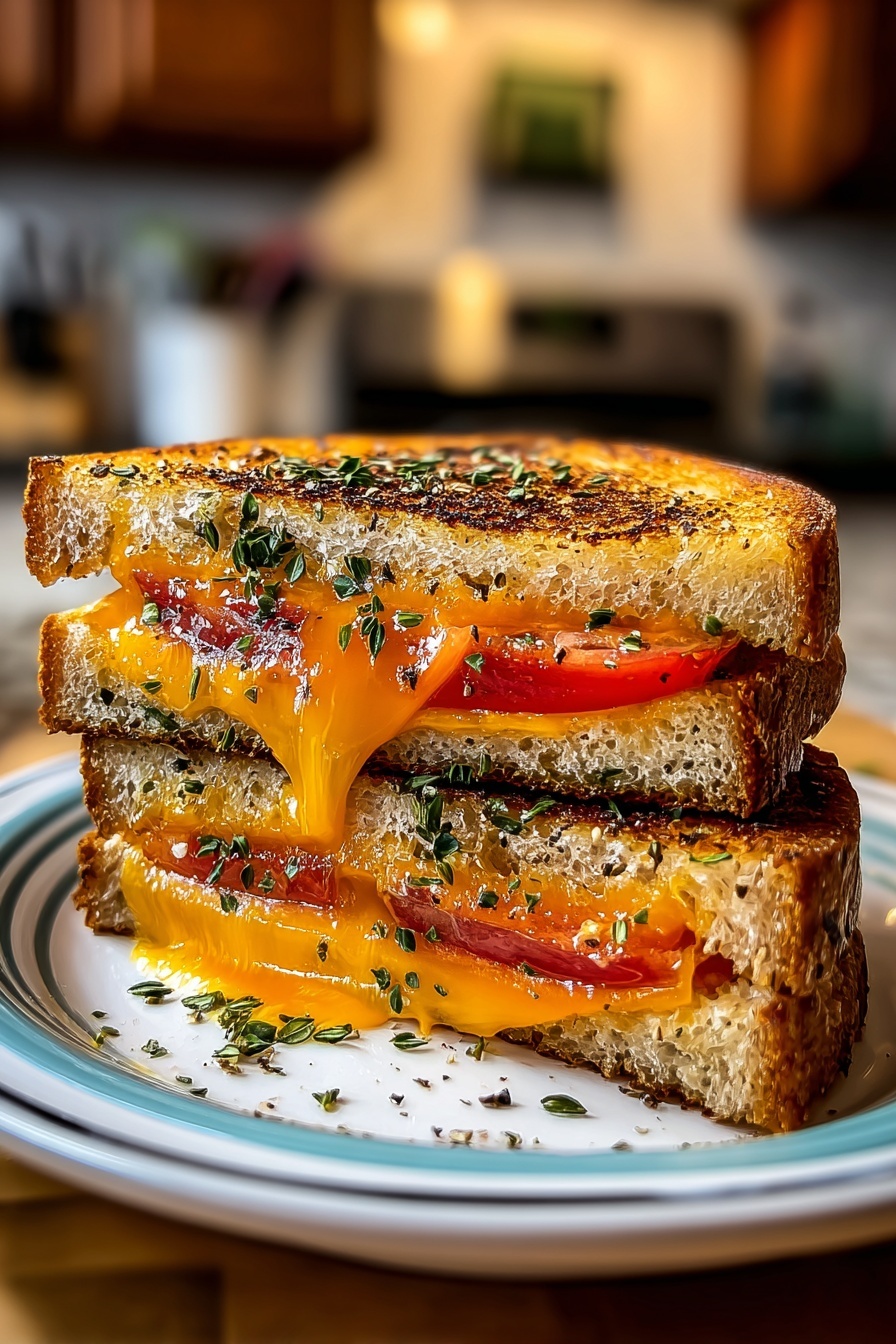 A grilled cheese sandwich with tomatoes and herbs.