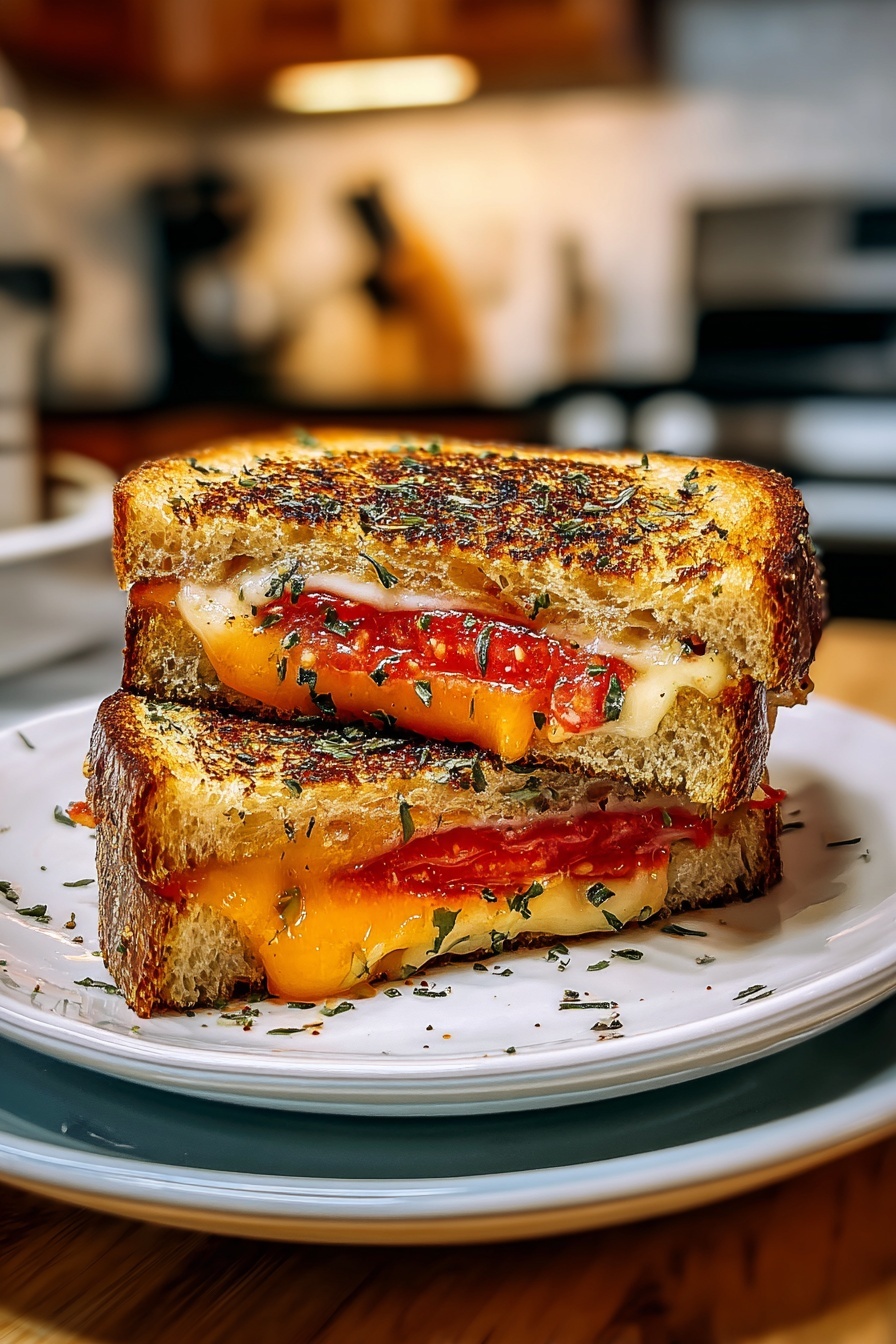 A grilled cheese sandwich with tomatoes and basil.