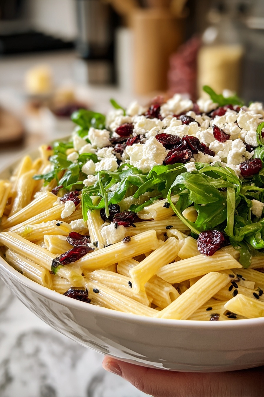 A bowl of pasta with feta cheese and cranberries.