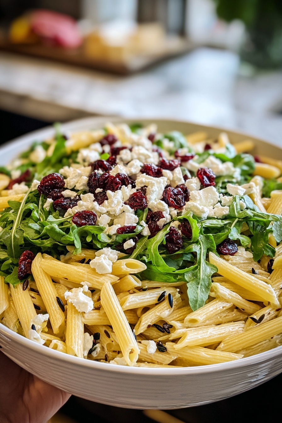 A bowl of pasta with feta cheese and cranberries.