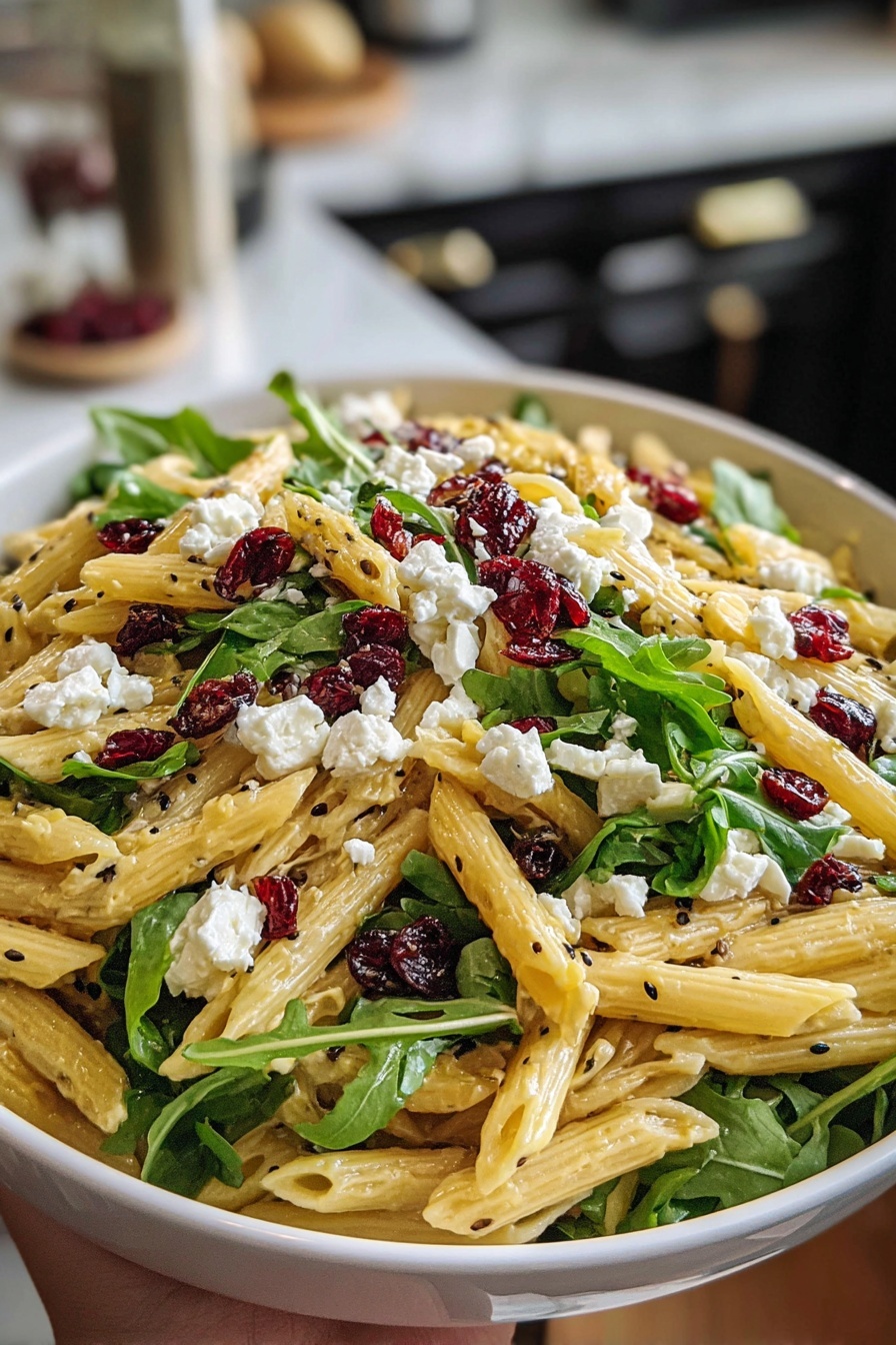 A bowl of pasta with feta cheese and cranberries.