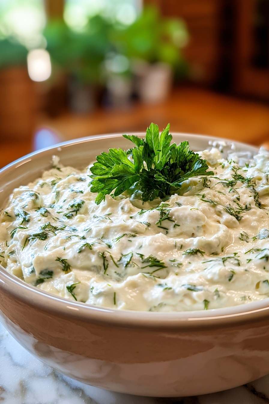 A bowl of homemade ranch dip with a green herb on top.