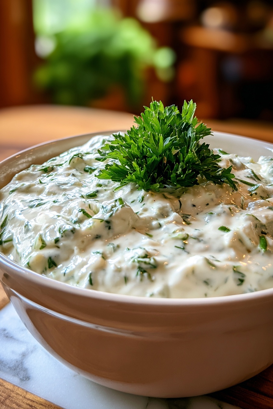 A bowl of homemade ranch dip with a green herb on top.