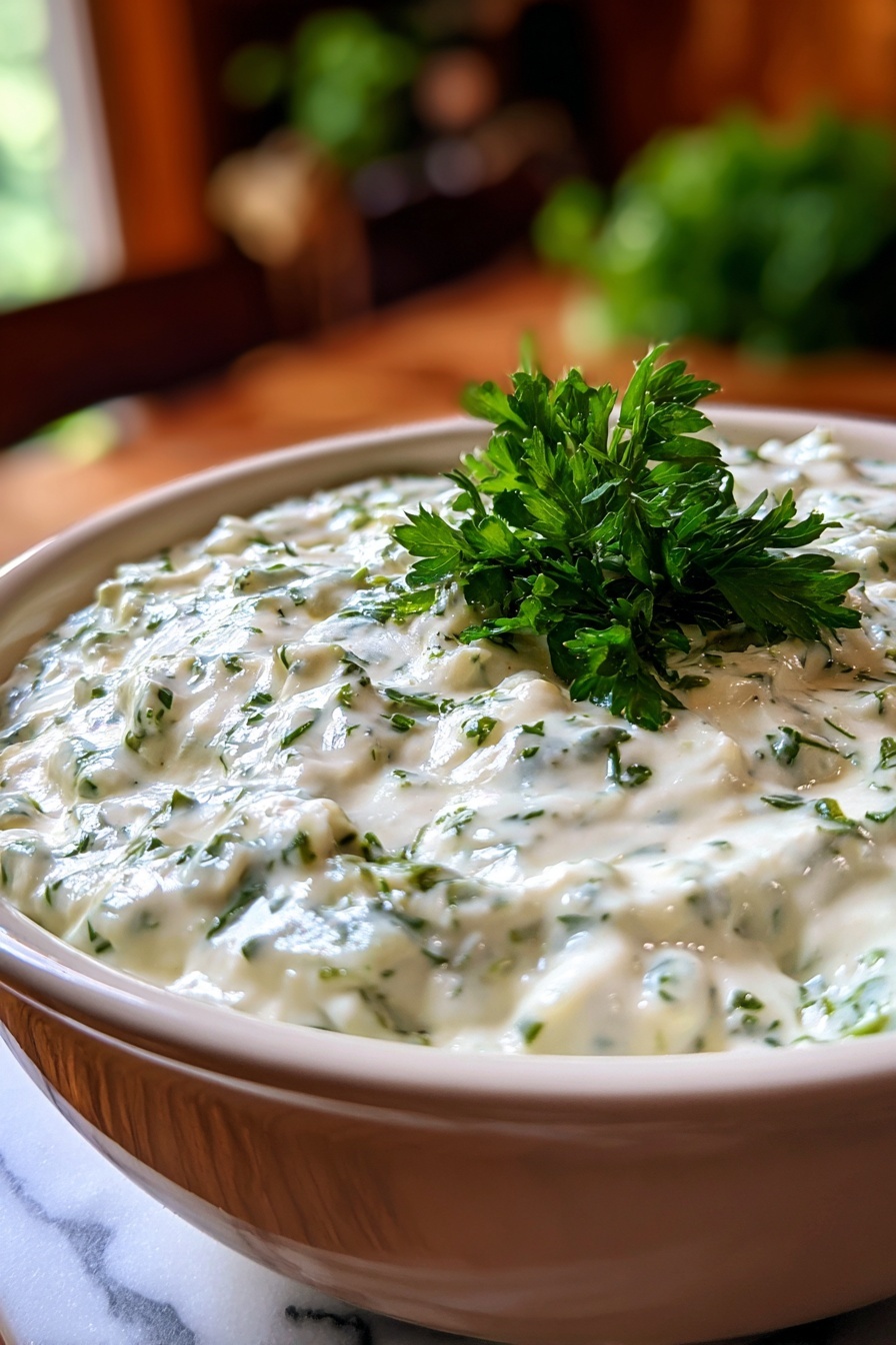 A white bowl filled with a green dip.