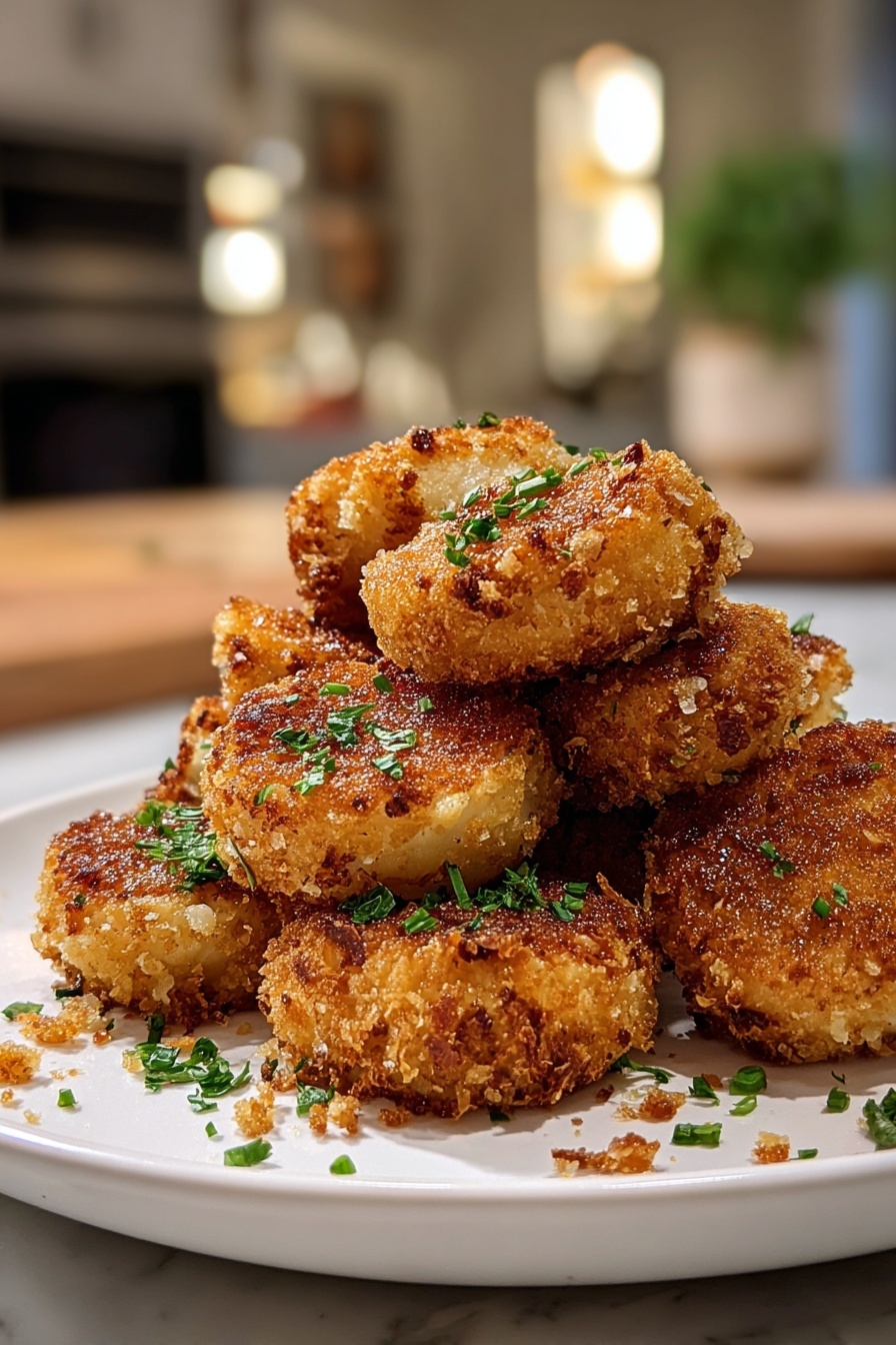 A stack of crispy mashed potato cheese puffs.