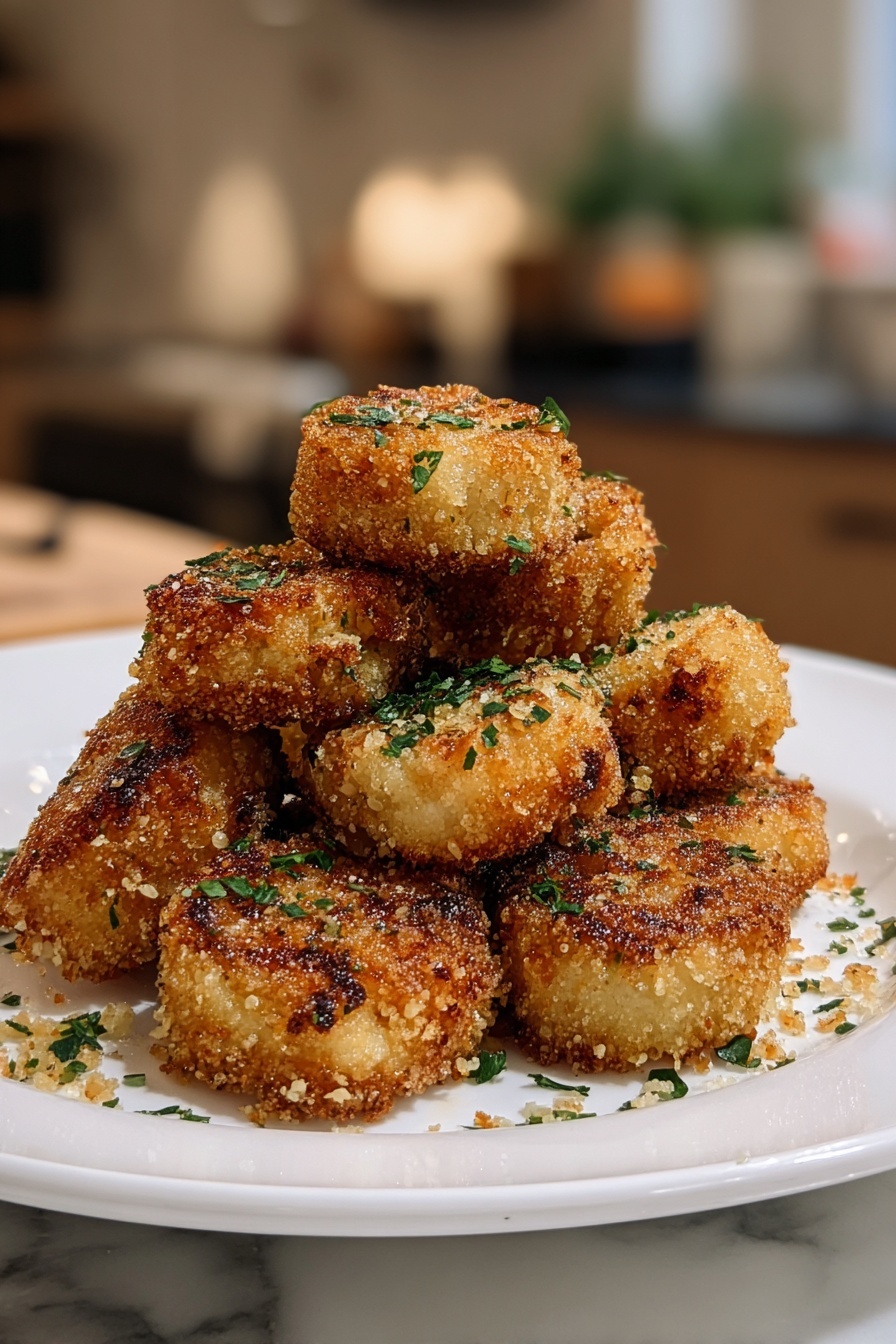 A stack of breaded food items on a plate.