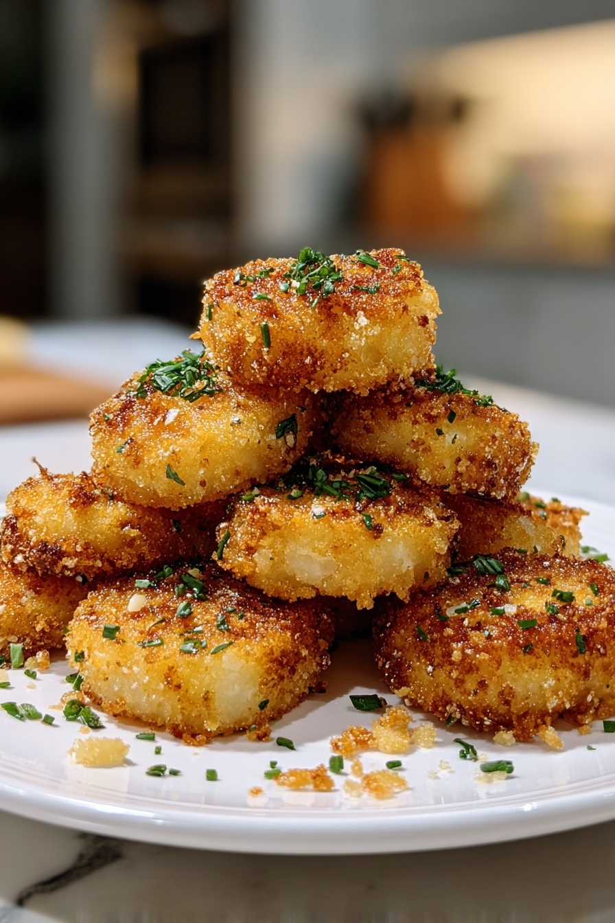 A stack of fried potatoes with herbs on top.