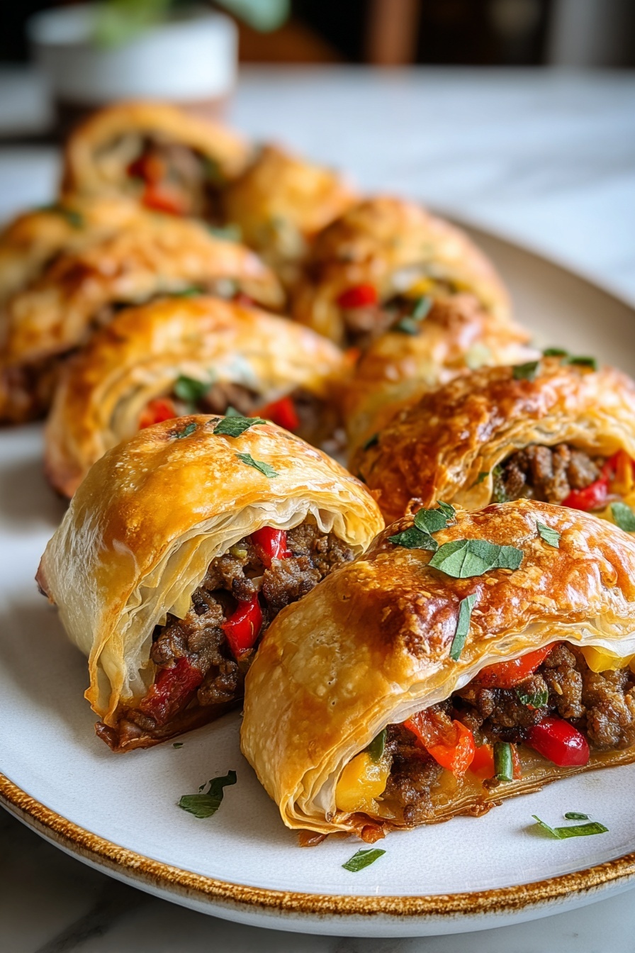A plate of sausage, rotel and cream cheese wrapped in pastry.