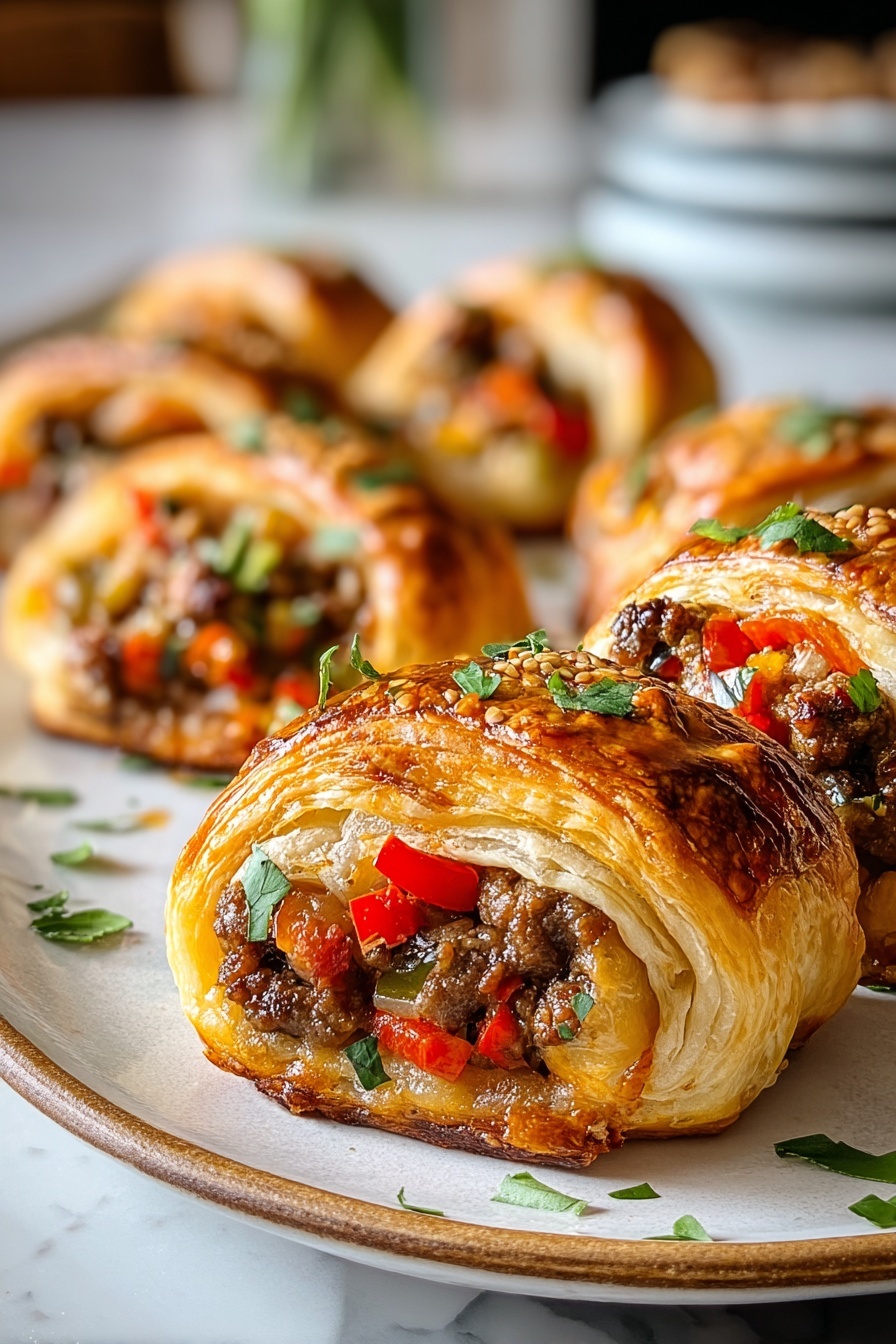 A plate of sausage, rotel and cream cheese rolls.